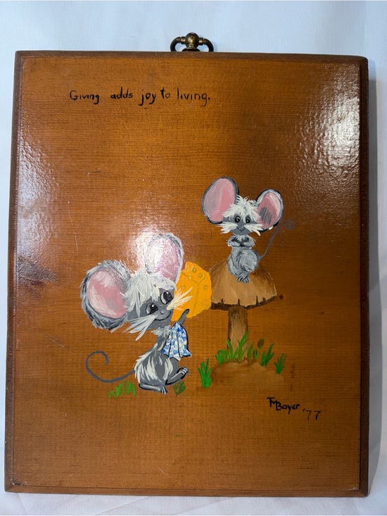 Other - Vintage 1977 Whimsical Mice Hand-Painted Wood Plaque